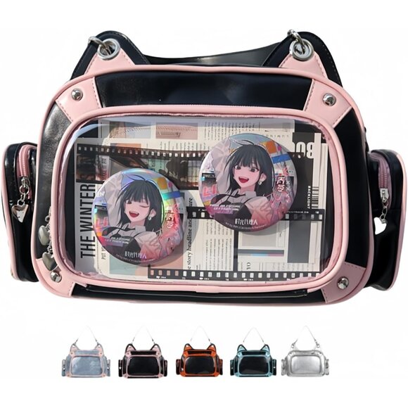 Pink-Black Cat Ita Bag Backpack for Girls with Pins Display, Kawaii Style main image 6
